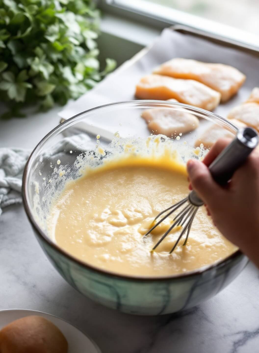 Hands whisking beer batter in a vintage mixing bowl with fish fillets waiting on parchment paper nearby