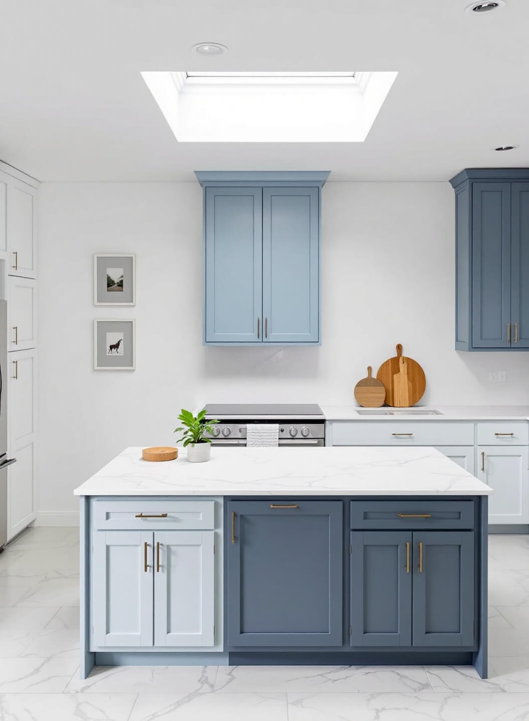 Minimalist white kitchen with marble countertops and slate blue kitchen island showcasing cabinet door painting process under professional lighting setup and morning skylight