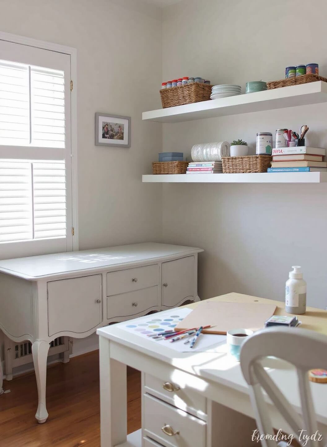 Craft room bathed in mid-day light through plantation shutters, featuring floating shelves, a French Provincial coffee table in the process of getting a two-tone dove gray and white makeover, and an organized painting station with color samples and a testing board, all in a palette of dove gray, pure white, and warm wood tones.