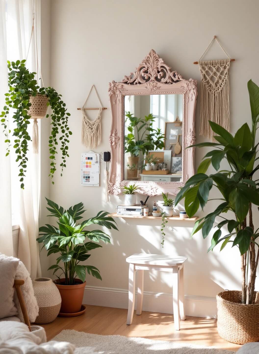 Bohemian home studio corner featuring macramé wall hangings, a mirror frame being painted in blush pink chalk paint, artistic paint supplies, and inspiration boards, bathed in dappled afternoon light filtering through plants.