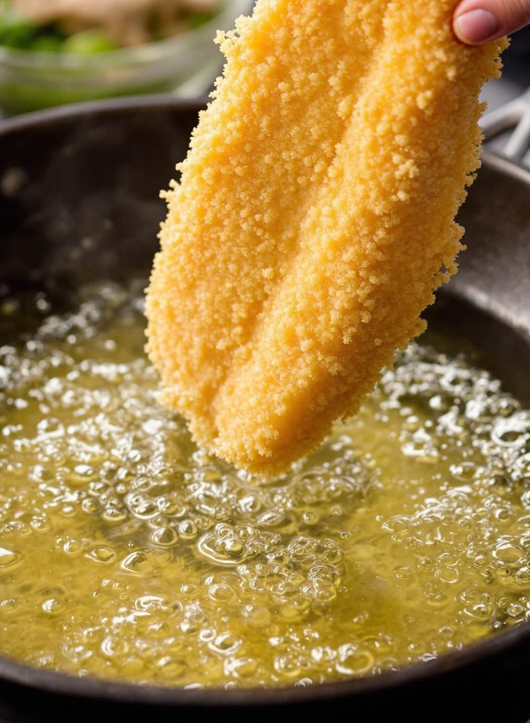 Battered fish fillet being fried in hot oil, surrounded by golden bubbles in professional kitchen lighting