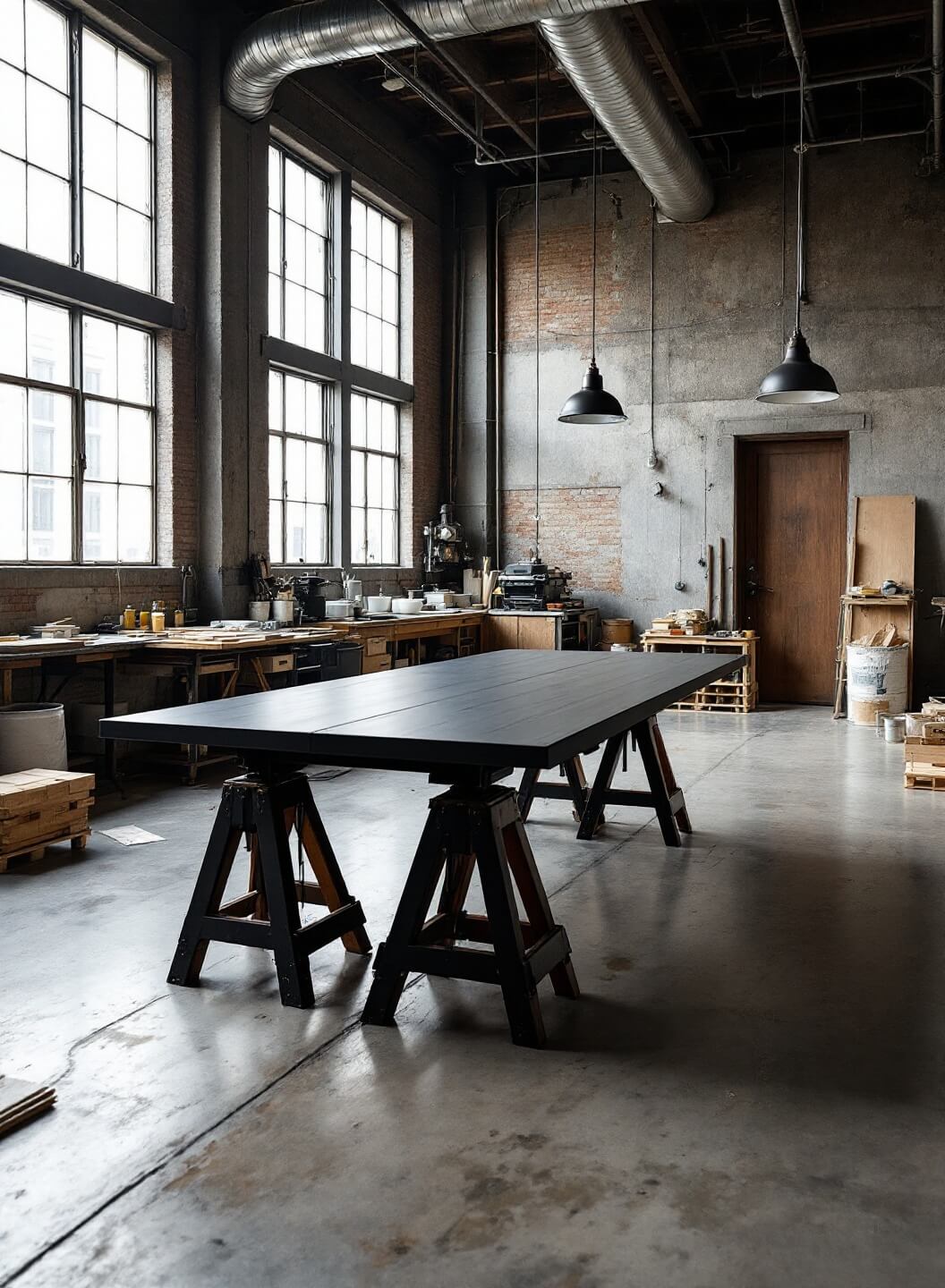 Industrial loft space with concrete floors, side lit by large windows, featuring a large dining table receiving a matte black chalk paint finish and meticulously arranged professional equipment.