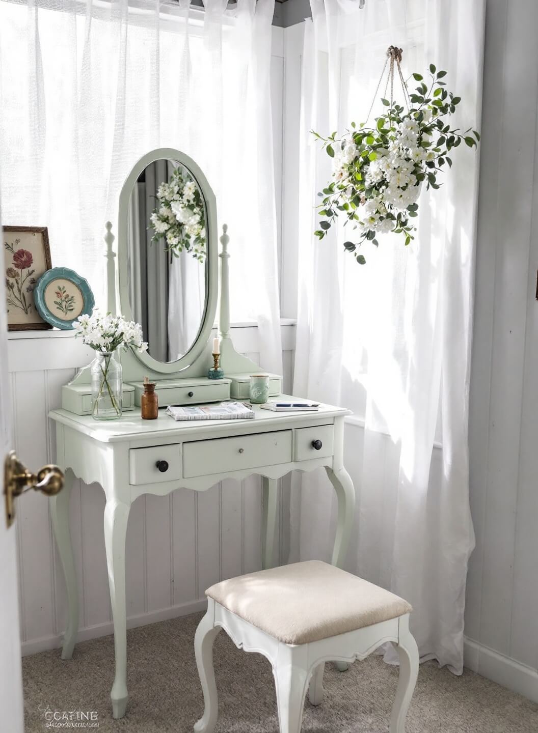 Cottage-style sunroom with sage green vintage vanity, surrounded by feminine decorations and botanical prints, under soft diffused light filtered through white sheers