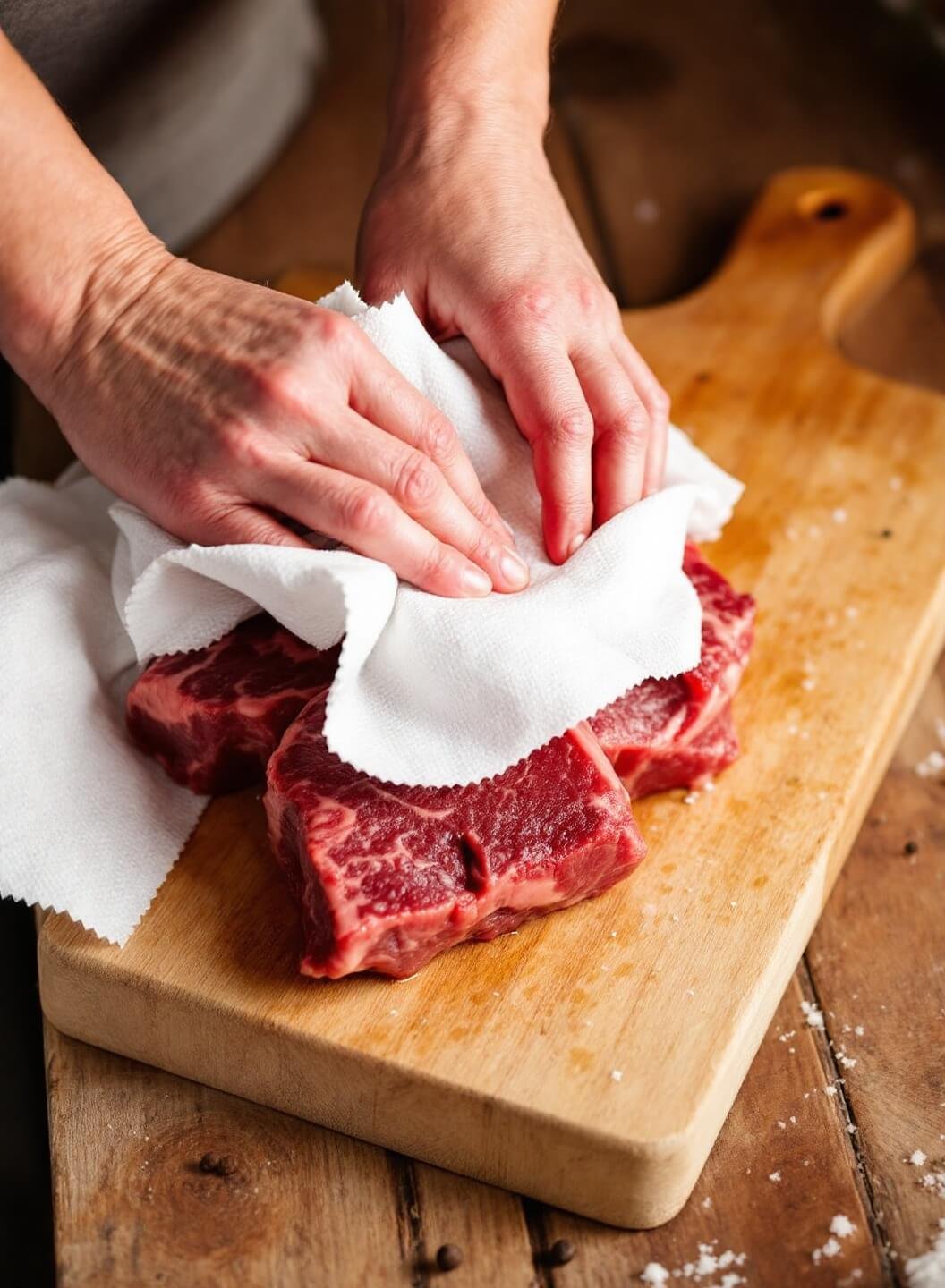 Marbled beef chunks being patted dry on a wooden board, with visible peppercorns and sea salt in a rustic kitchen