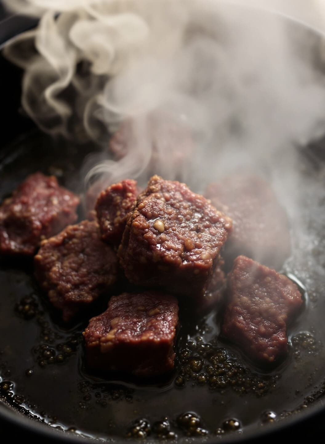 Beef chunks searing in a Dutch oven with steam rising and golden-brown crust forming, highlighted by dramatic side lighting