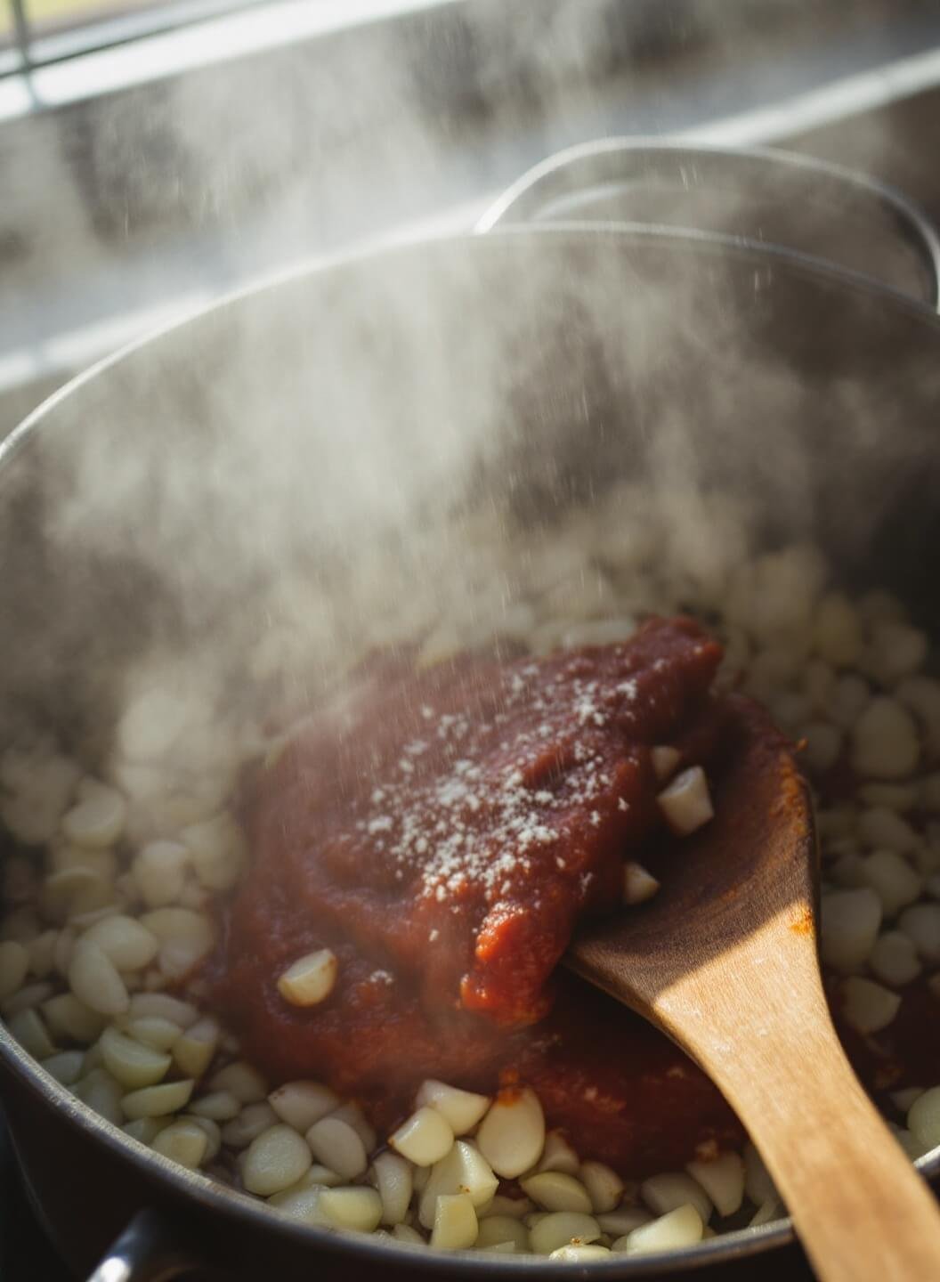 Garlic and onions sautéing with tomato paste in a Dutch oven, flour being added, under the warm afternoon light from a kitchen window