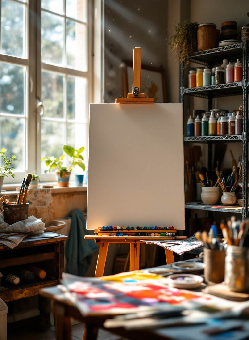 Artist's studio filled with morning sunlight illuminating a canvas on an easel, organized art supplies, paint tubes on metal shelves, brushes in jars, palette knives, and a paint-splattered table; warm and inspiring atmosphere with visible dust in sunbeams.