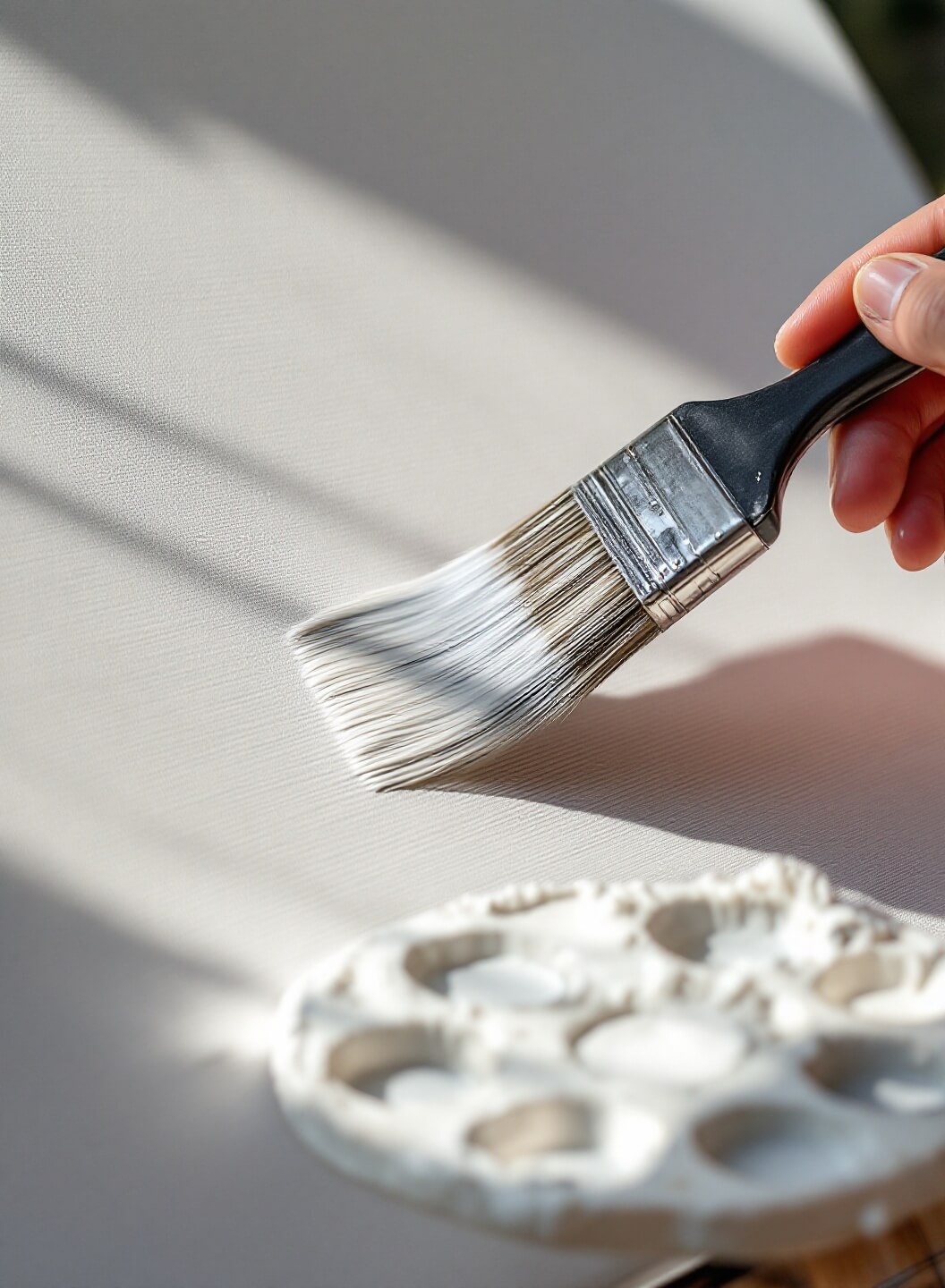 Close-up of a hand applying the first coat of gesso on a white canvas with a wide brush, bathed in soft afternoon light, with a paint palette in the foreground; shot from a 45-degree angle.