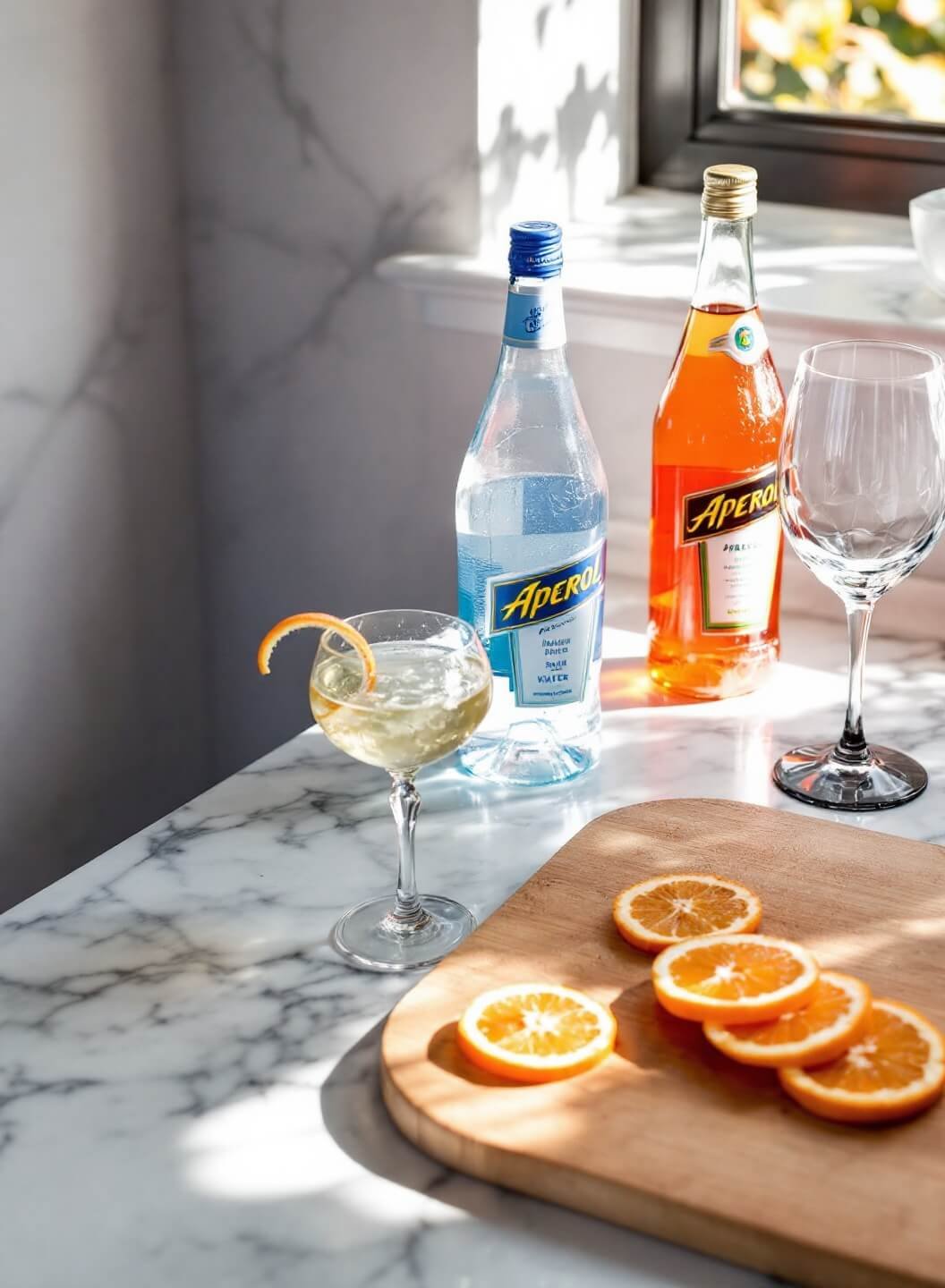 Ingredients for Aperol Spritz including Prosecco, Aperol, sparkling water and sliced oranges neatly arranged on a marble countertop in natural light