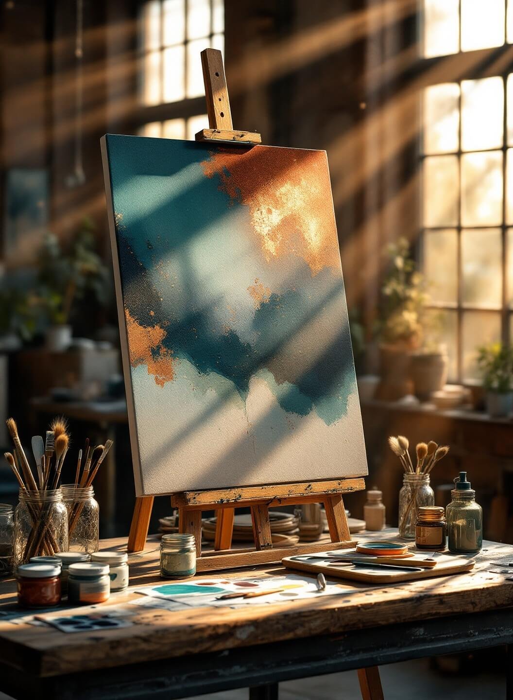 "Artist's studio with morning sunlight illuminating abstract canvas and organized art supplies, featuring an array of colors and paint textures in a professional setting."