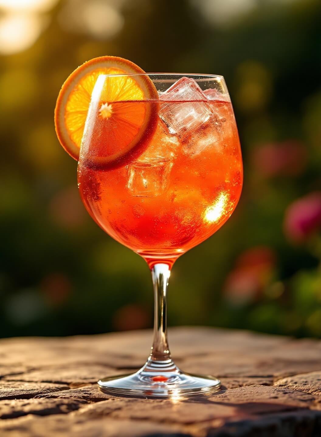 "Aperol Spritz cocktail in a large glass with an orange slice garnish, served on a stone surface on an Italian terrace during golden hour"
