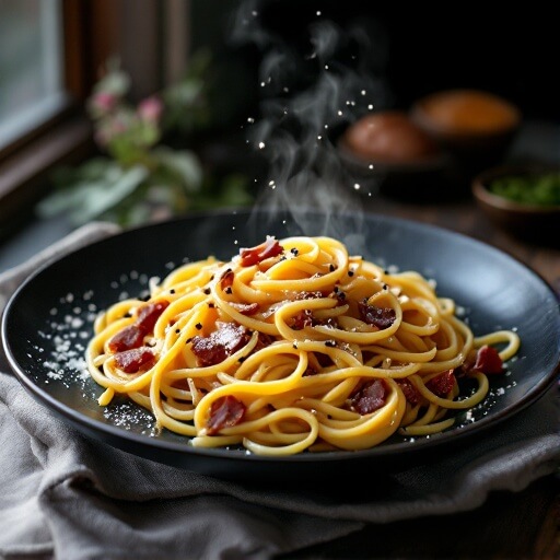 "Close-up of authentic Roman spaghetti carbonara on a matte black plate, garnished with pecorino romano and black peppercorns, on a rustic wooden table"