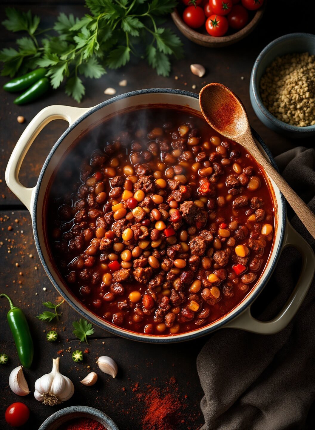 "Overhead view of beef chili simmering in a Dutch oven, surrounded by fresh ingredients on a dark wooden counter, under warm natural light."