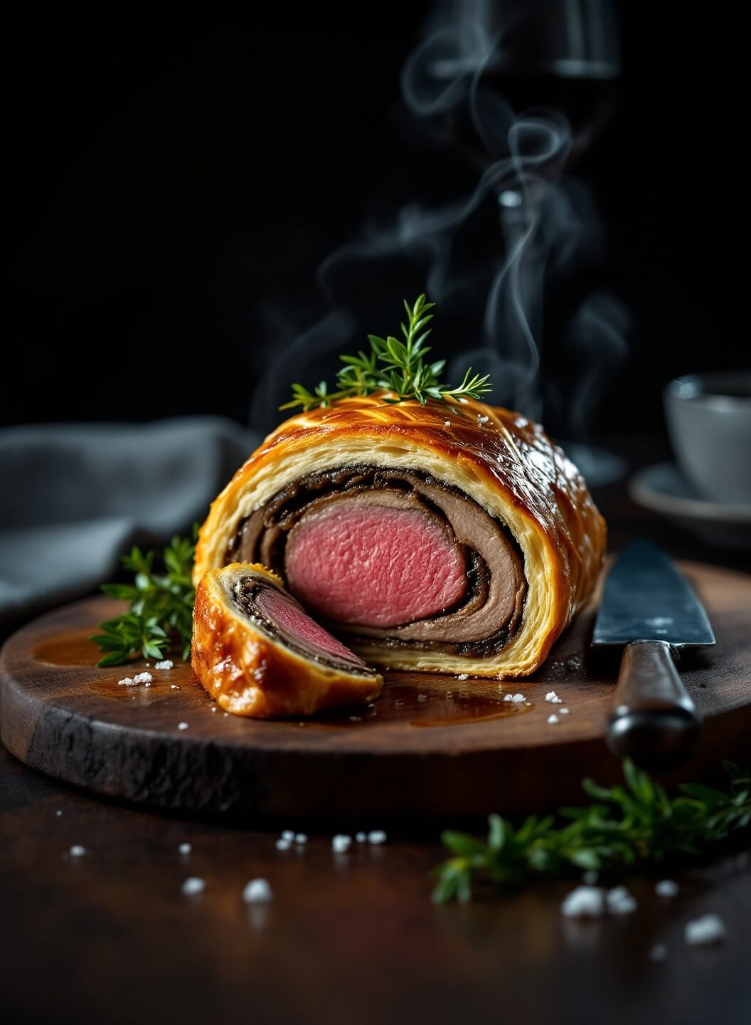 "Sliced Beef Wellington with medium-rare center and puff pastry on wooden board, garnished with fresh thyme and sea salt"