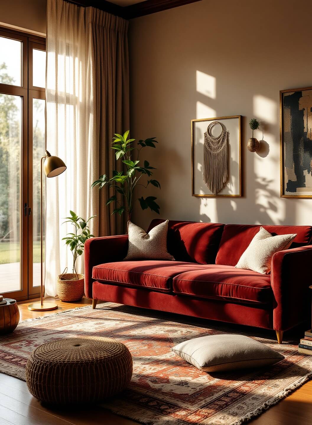 "Bohemian styled living room with vintage-modern mix furniture and decor, lit by golden hour light through floor-to-ceiling windows"