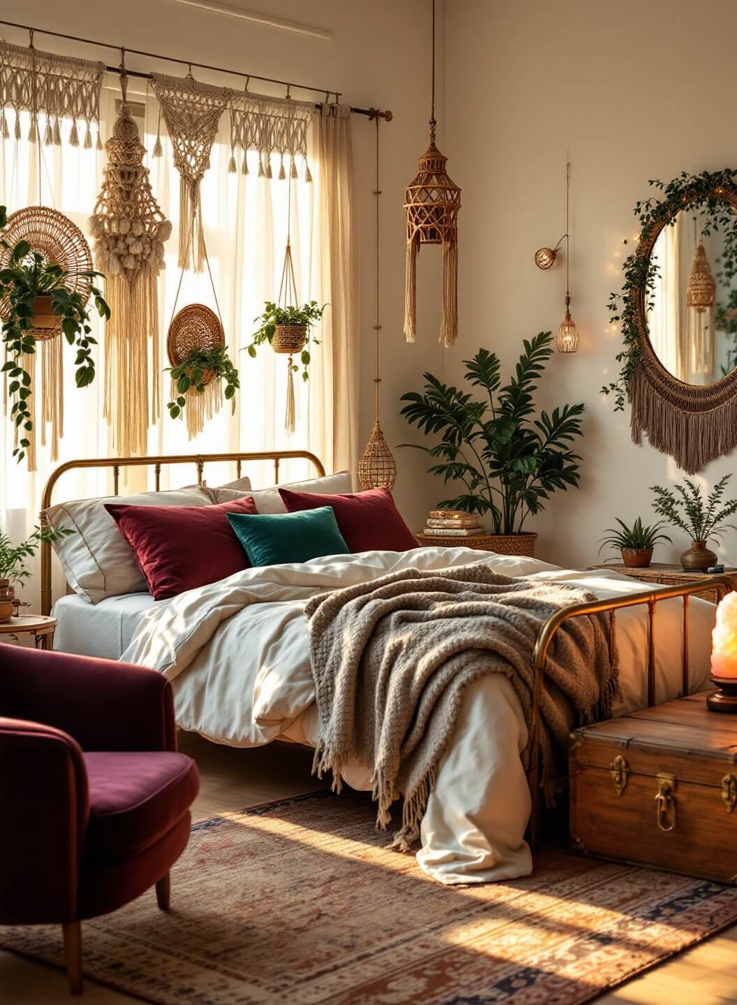 "Bohemian style bedroom with vintage brass bed, macramé wall hangings, and potted plants, bathed in warm, golden sunlight."