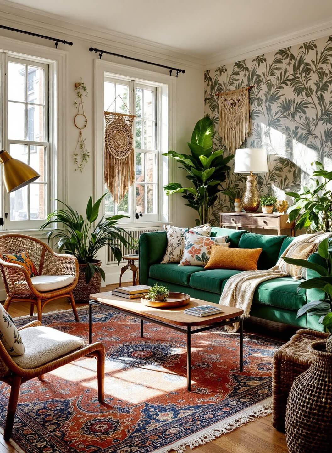 Bohemian living room with vintage Turkish rug, emerald green velvet sofa, rattan chair, botanical wallpaper, natural wood coffee table, brass floor lamp, and macramé wall hanging.