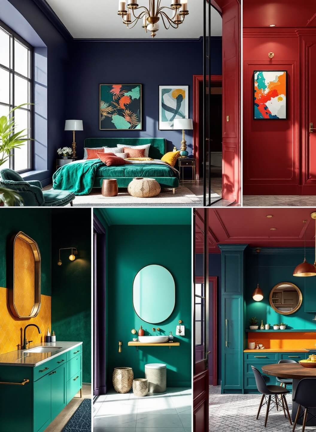 "Vibrant, bold colored modern living spaces showcasing navy living room, emerald green bedroom, purple bathroom, teal kitchen, and burgundy dining room in high-quality, architectural photography style"