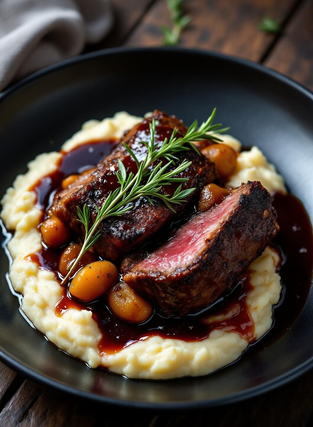 "Braised beef short ribs with red wine sauce on mashed potatoes, garnished with thyme and rosemary, served on a black ceramic plate"