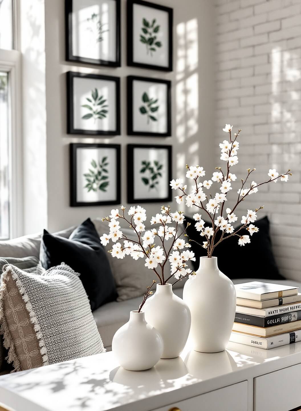 "Cinematic living room with white brick wall, black frame gallery, modern console table with transformed vases and cherry blossoms, shot in warm morning light"
