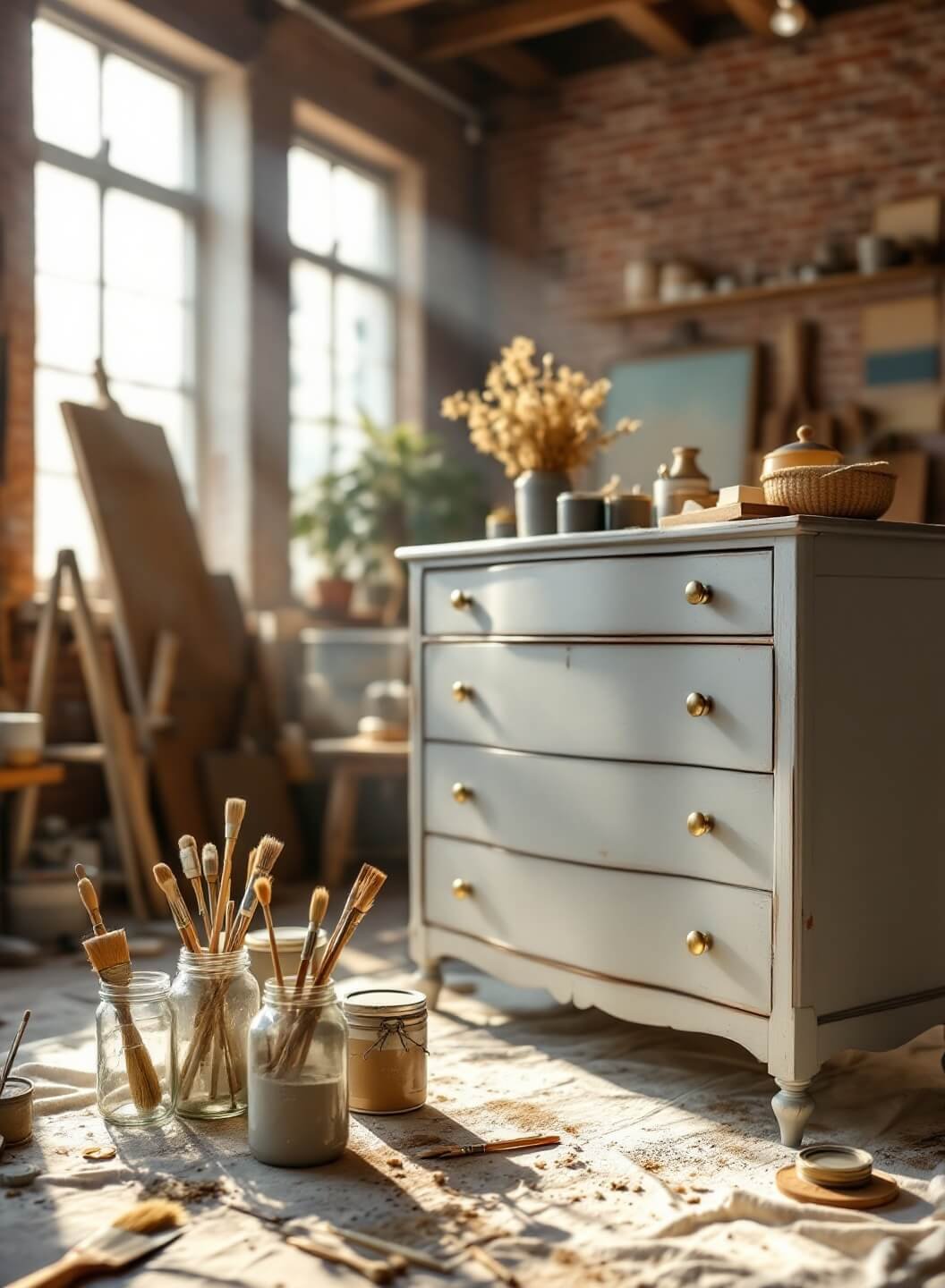 "Sunlit vintage studio workshop with half-painted Victorian dresser, paint brushes in mason jars, brass hardware, and color swatches. Shot during golden hour with dust particles in sunbeams visible."