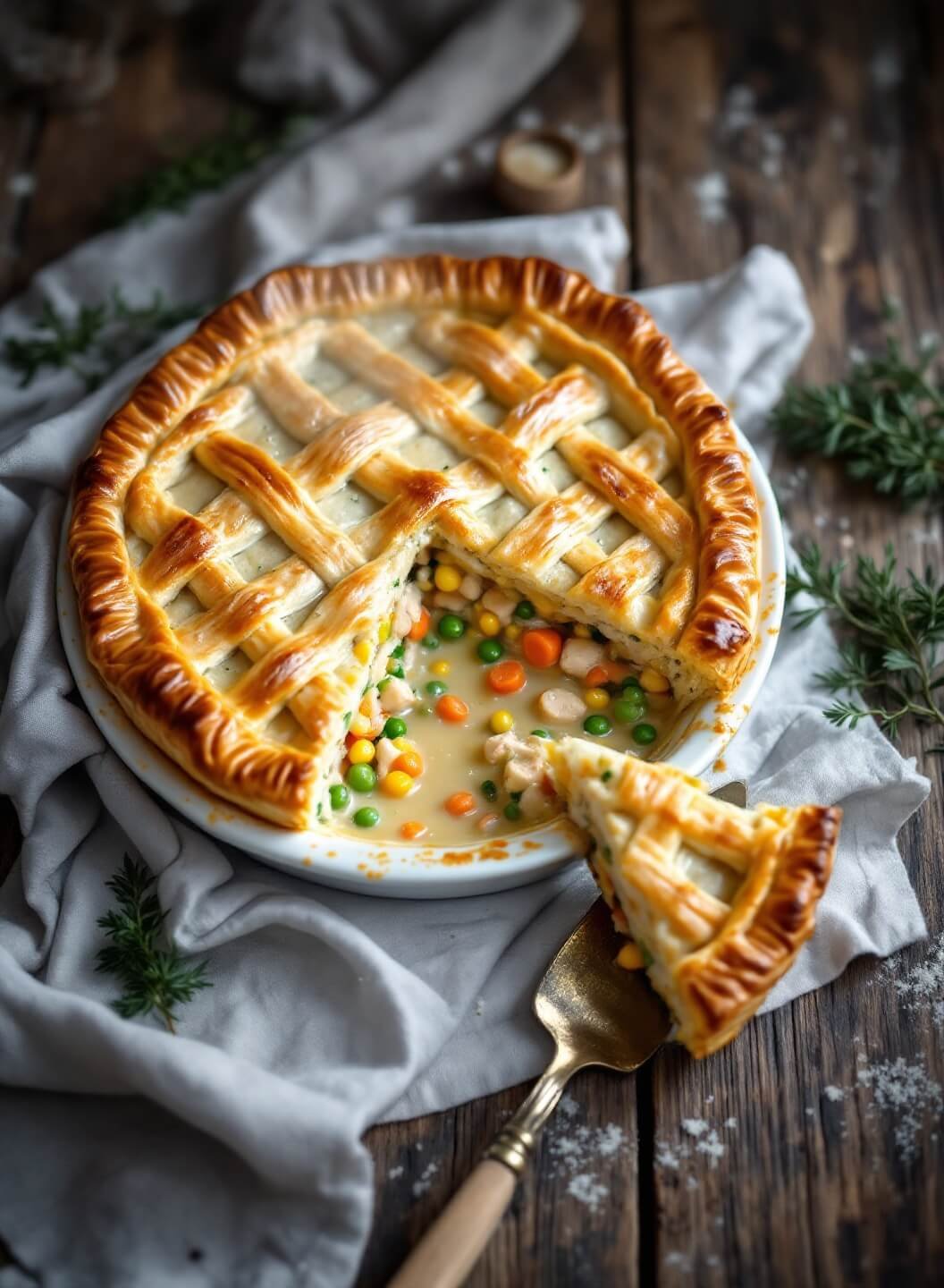 "Overhead view of a freshly baked chicken pot pie with golden-brown crust and creamy filling on a rustic wooden table, with fresh herbs and vintage serving spatula nearby."