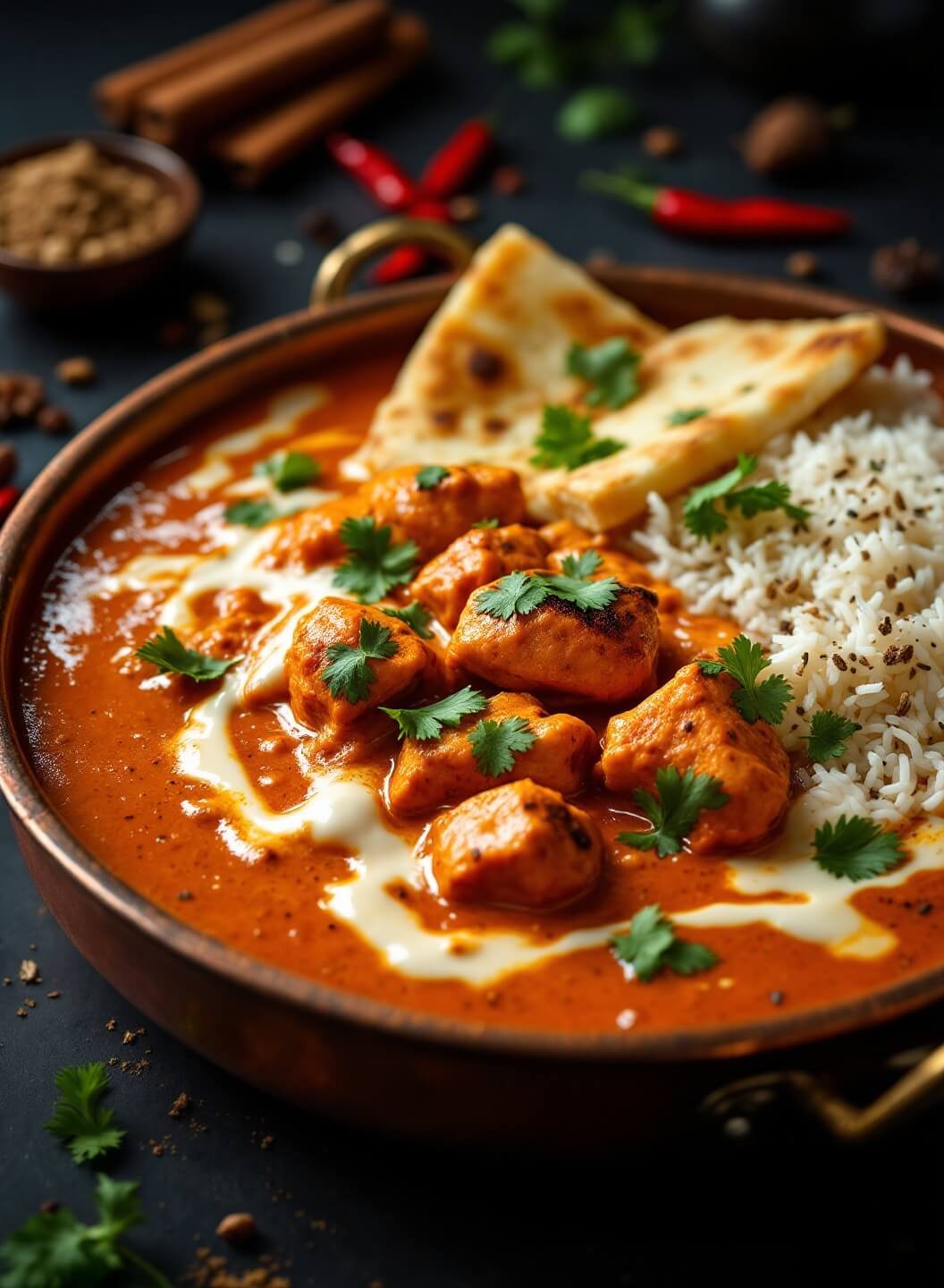 "Chicken Tikka Masala in a copper bowl with naan bread and basmati rice, garnished with cilantro and served with Kashmiri chilies and whole spices."