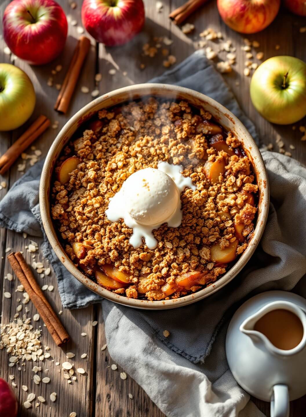 "Overhead view of a fresh apple crisp with oat crumble and melting vanilla ice cream in a rustic ceramic dish, surrounded by cinnamon sticks, apples, and oats on a wooden table."