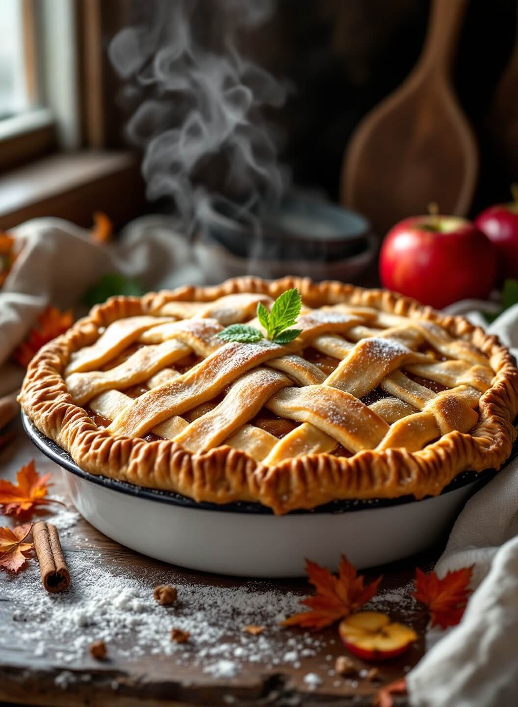 "Freshly baked double-crust apple pie with steam rising from the caramelized filling on a rustic wooden background with fresh apple slices and cinnamon sticks."