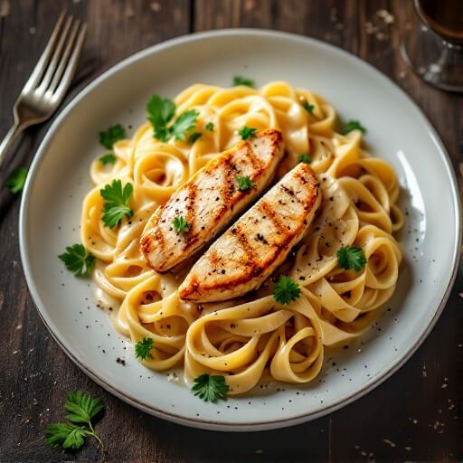 "Overhead view of Chicken Alfredo with golden chicken and creamy pasta on a white plate, garnished with fresh parsley and black pepper"