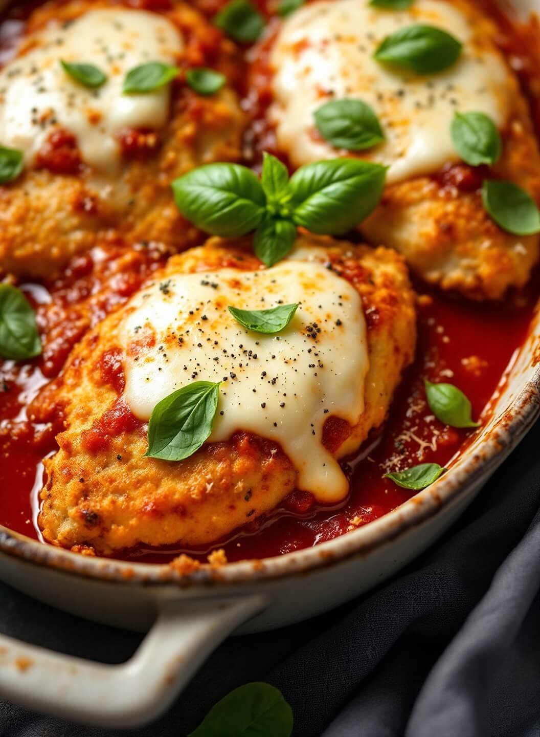 "Overhead shot of golden crispy chicken Parmesan with melted mozzarella, fresh basil, and marinara sauce in a rustic ceramic dish"