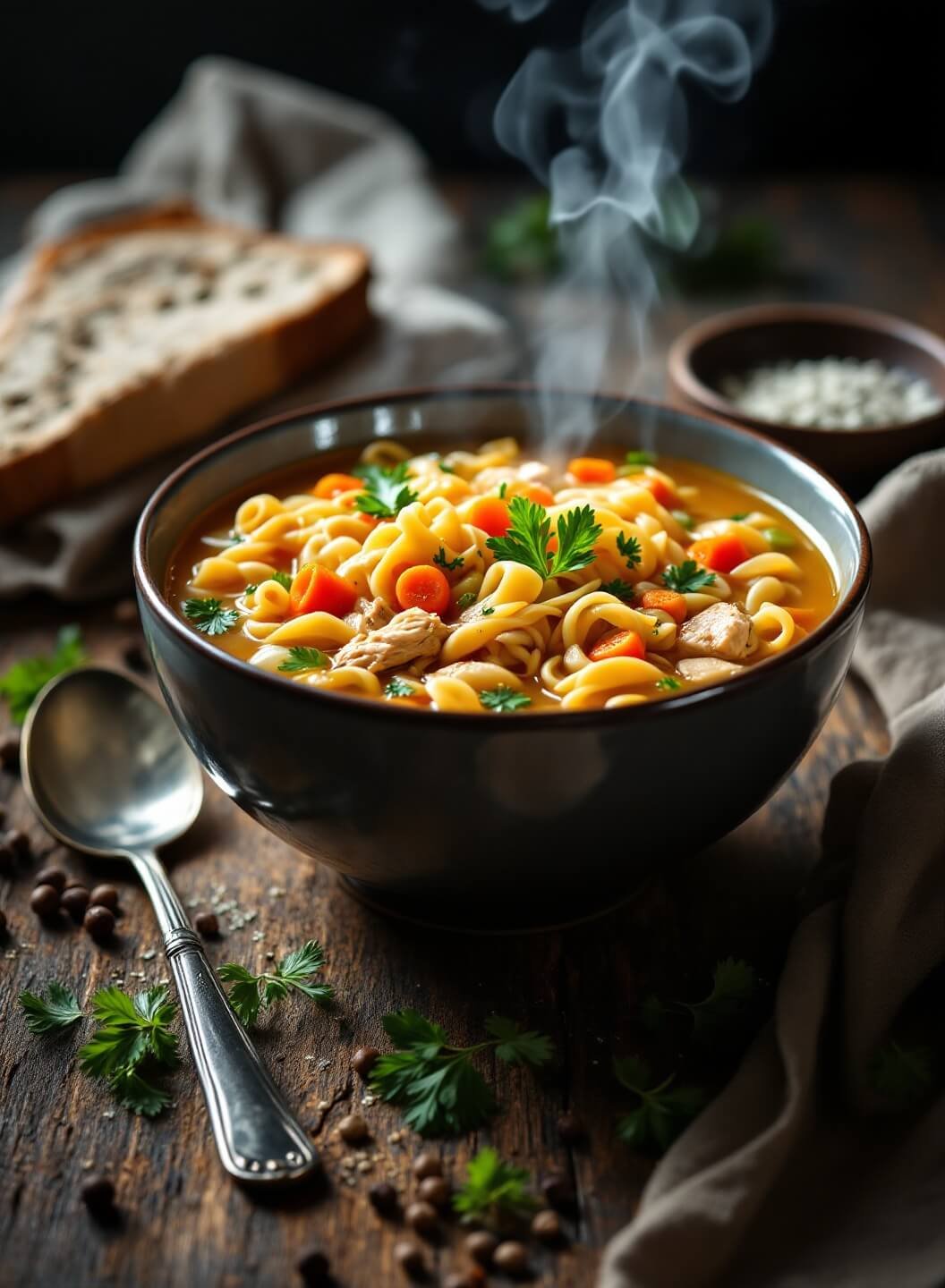 "Overhead shot of steaming bowl of chicken noodle soup with vegetables and herbs on a rustic wooden table."