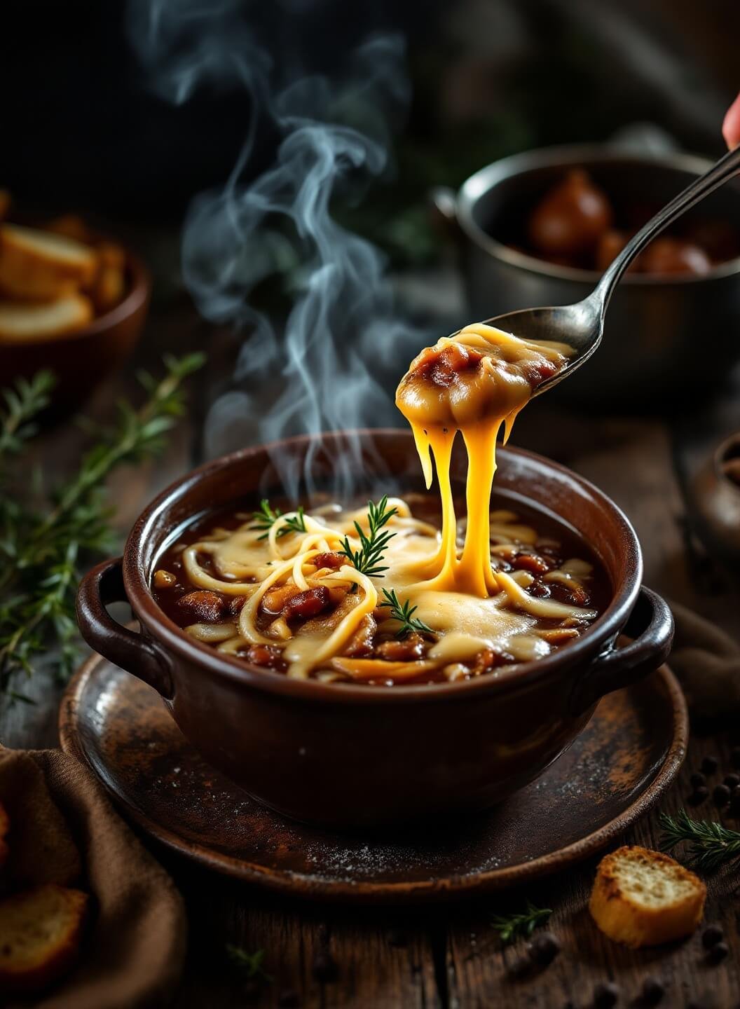 "Overhead shot of rustic French onion soup with caramelized onions, Gruyère, and baguette, garnished with thyme on a wooden table"