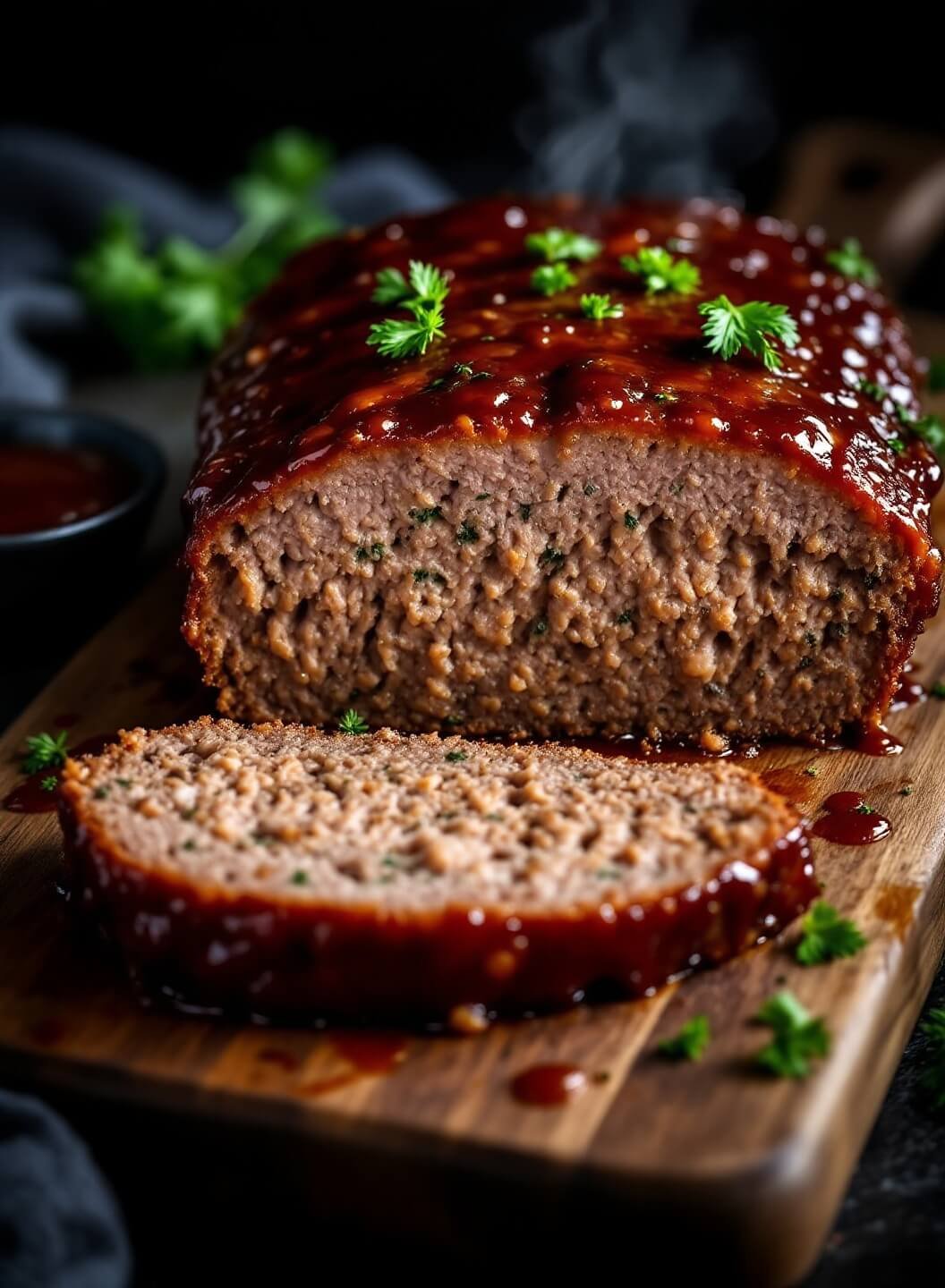 "Sliced classic glazed meatloaf on a rustic wooden board with parsley garnish, extra glaze and scattered fresh herbs"