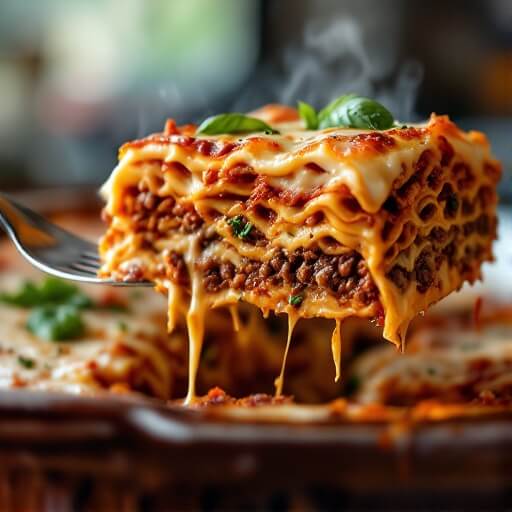 "Perfectly cut slice of lasagna with layers of pasta, meat sauce and melted cheese being lifted from a rustic baking dish"