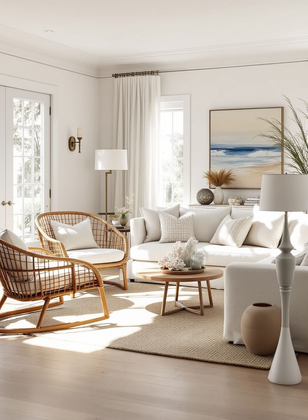 "Sophisticated coastal living room with soft sunlight, white walls, oatmeal linen sofa, rattan accent chairs, and bleached oak coffee table."