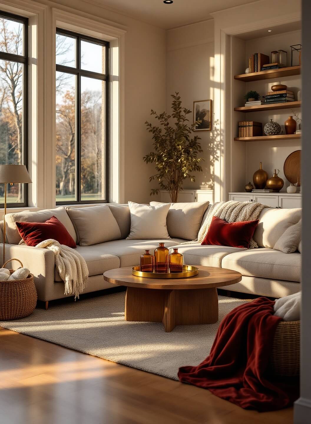 "Sophisticated living room in golden hour sunlight with modern furniture, copper accents, and built-in shelves"