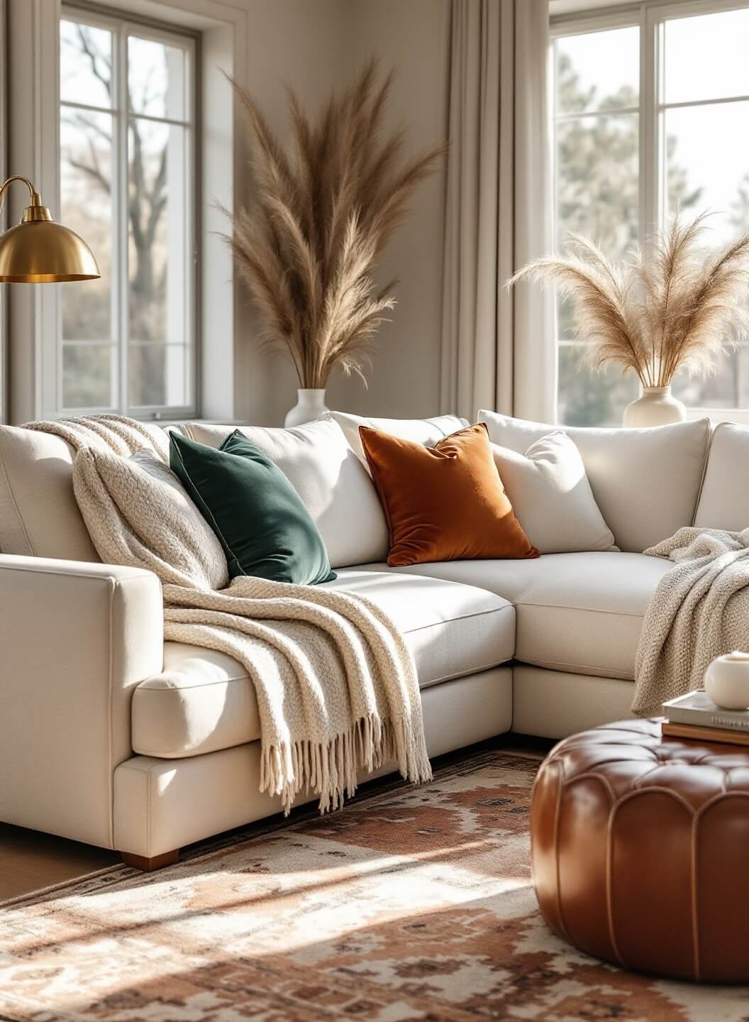 "Luxurious living room with ivory linen sectional sofa, cream cable-knit throws, velvet pillows, cashmere throw, vintage Moroccan Berber rug, brass floor lamps, scatter cushions, ceramic vase with dried pampas grass, and leather ottoman, bathed in golden hour light."