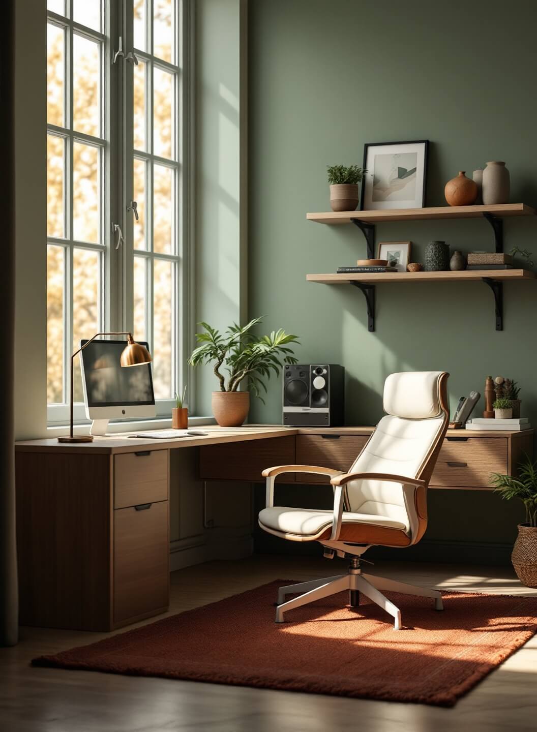 "Sunlit modern home office with sage green walls, walnut desk, white oak shelves, Persian rug, and minimal clutter"