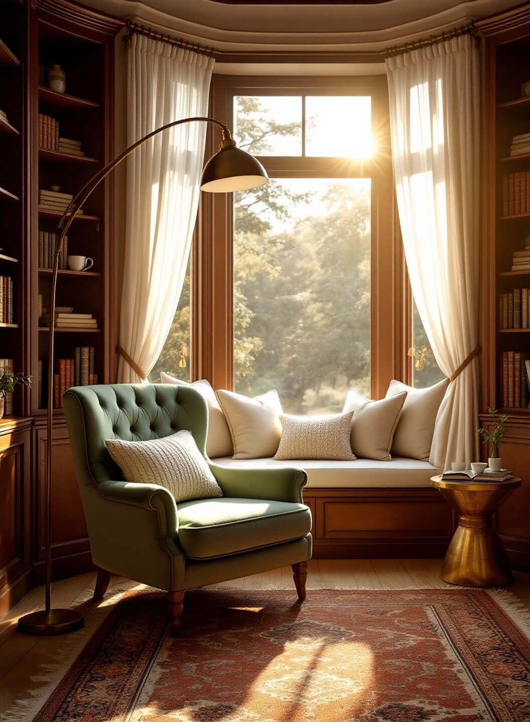 "Luxurious Victorian-style reading nook with sage green velvet armchair, mahogany bookshelves and brass floor lamp, bathed in golden hour sunlight"