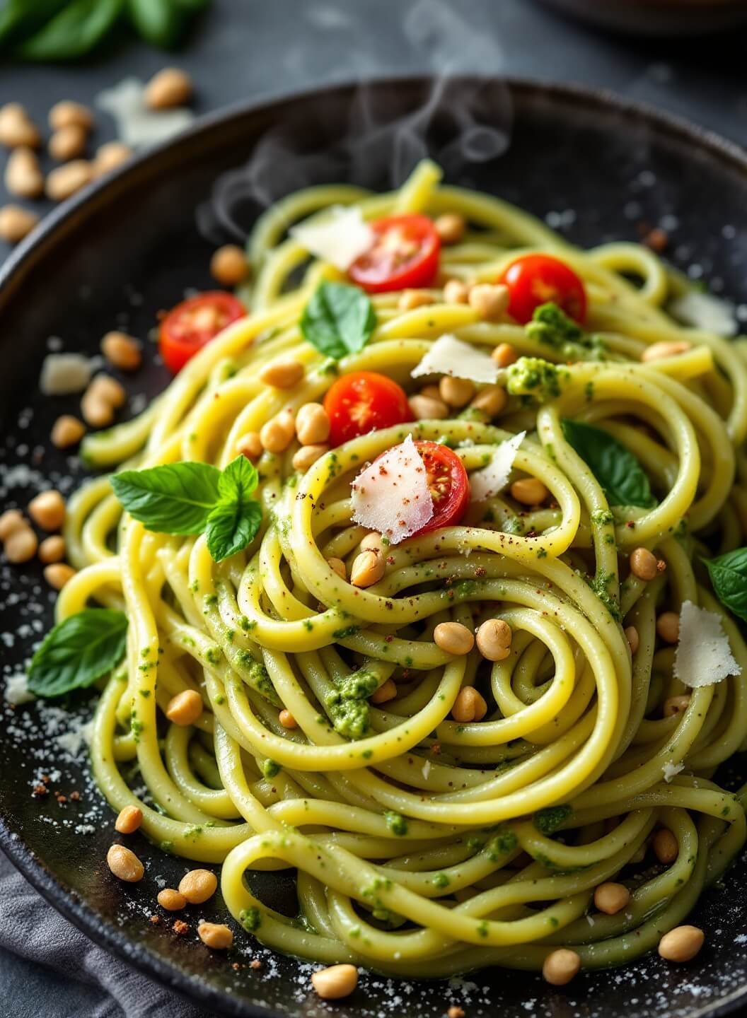 "Overhead view of fettuccine pasta in creamy pesto sauce with pine nuts, cherry tomatoes, fresh basil and parmesan on a rustic black plate"