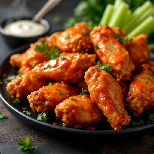 "Crispy buffalo wings coated in vibrant sauce, garnished with celery and parsley, served on a black plate with blue cheese dressing, on a rustic wooden table."