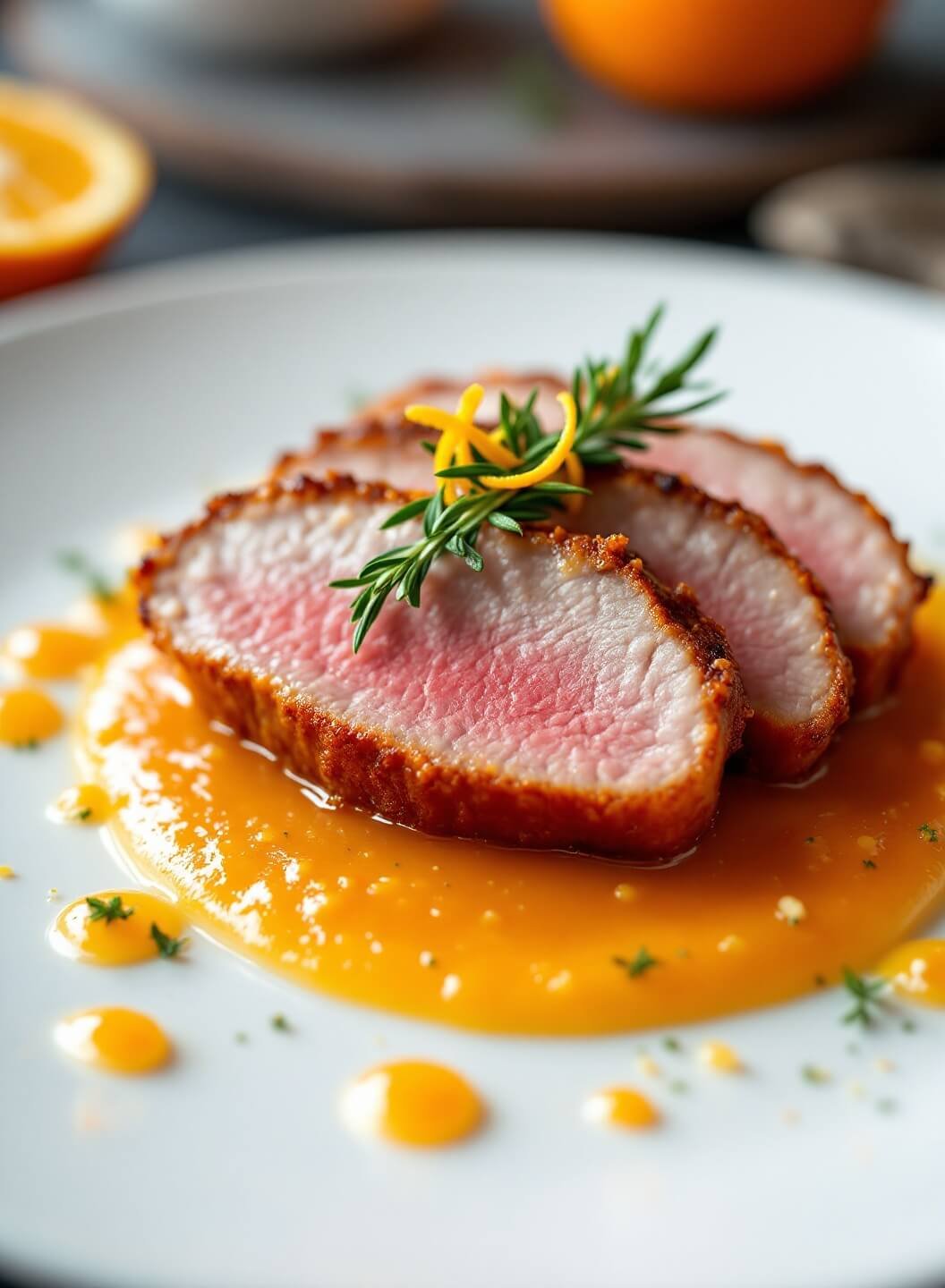 "Sliced medium-rare duck breast with crispy skin, rich orange sauce, and fresh thyme garnish on a white plate, professional food photography"