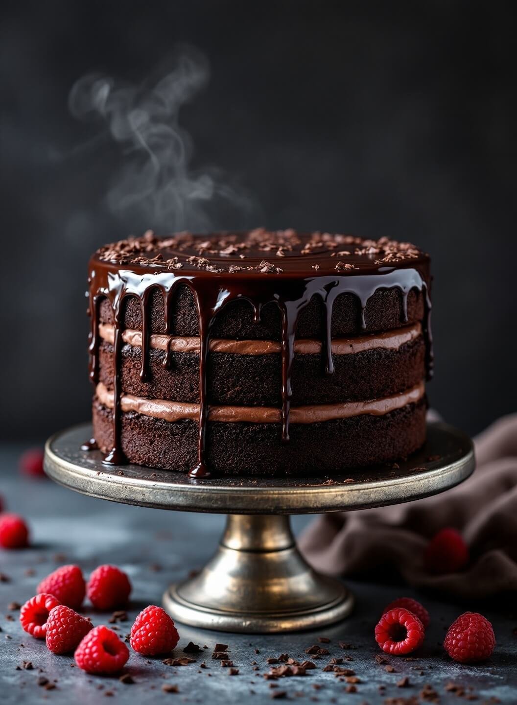 "Decadent three-layer chocolate cake with glossy ganache drips, fresh raspberries, and chocolate shavings on a vintage silver stand"