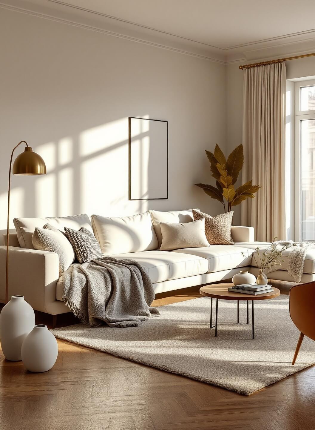 "Spacious living room bathed in golden hour sunlight, featuring a cream linen sofa, vintage rugs, and white oak herringbone floors."