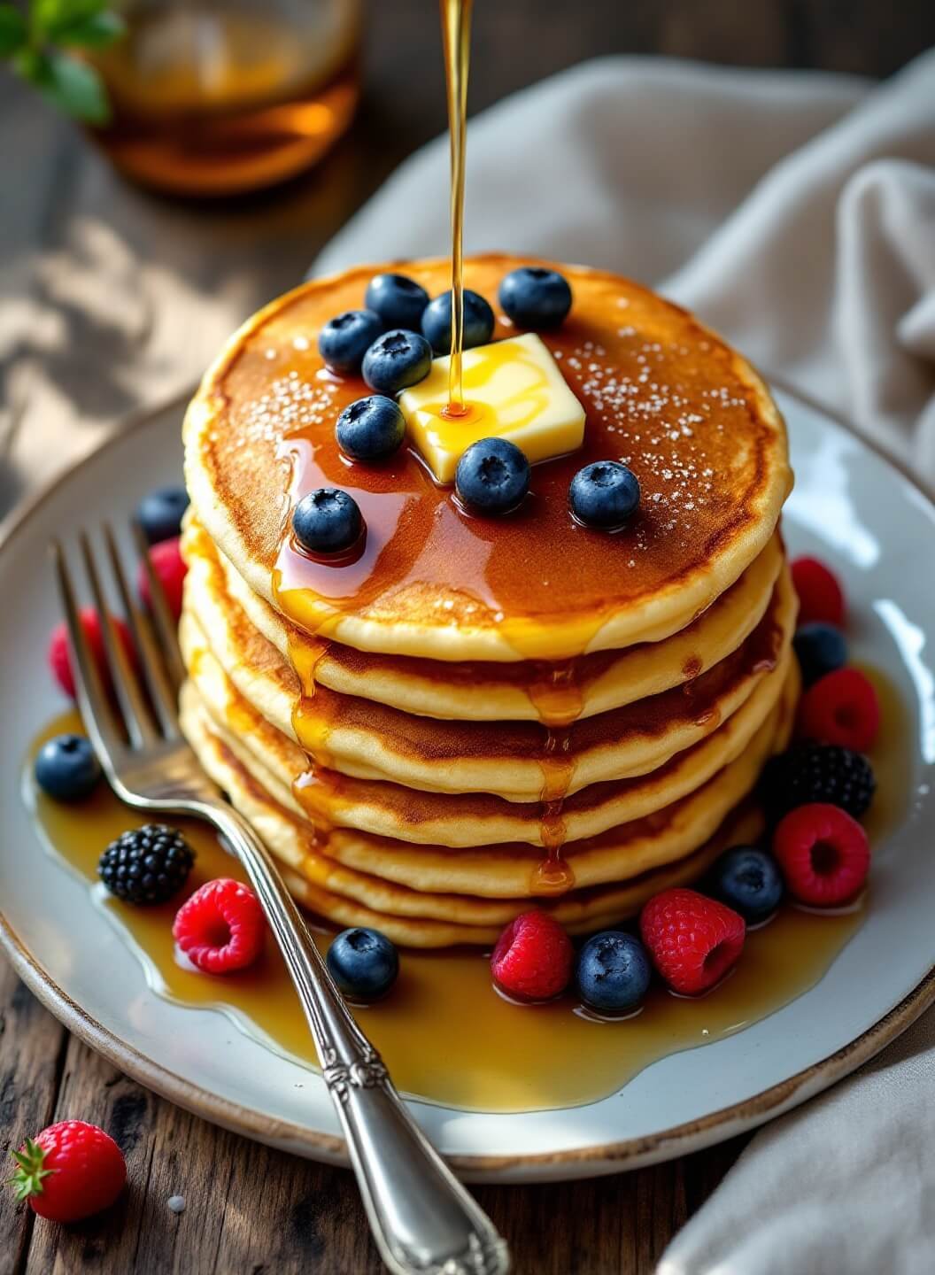 "Stack of classic American pancakes with maple syrup, fresh berries, and melting butter on a rustic dining table"