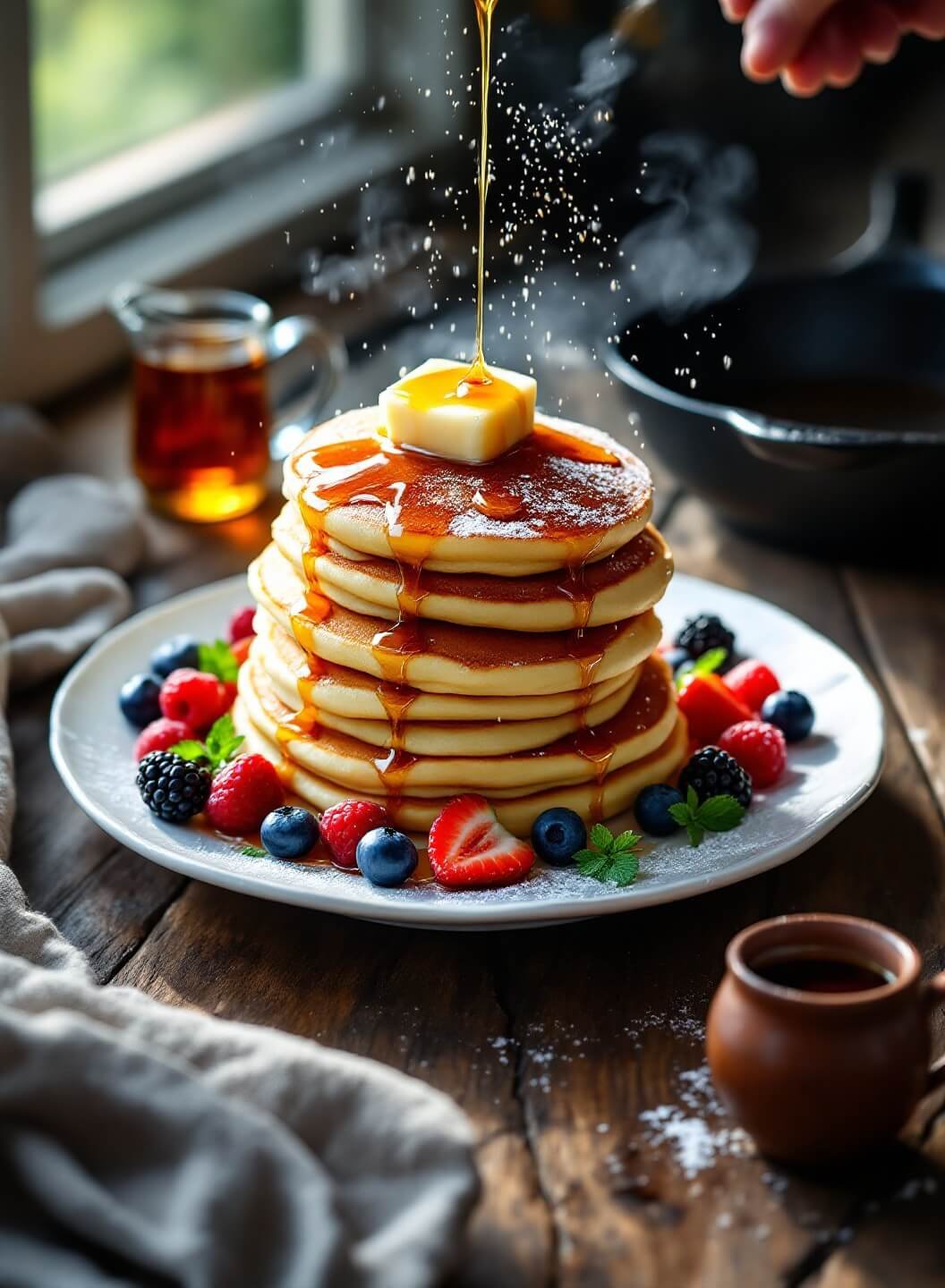 "Stack of fluffy buttermilk pancakes with melted butter and maple syrup, surrounded by mixed berries on a rustic table"