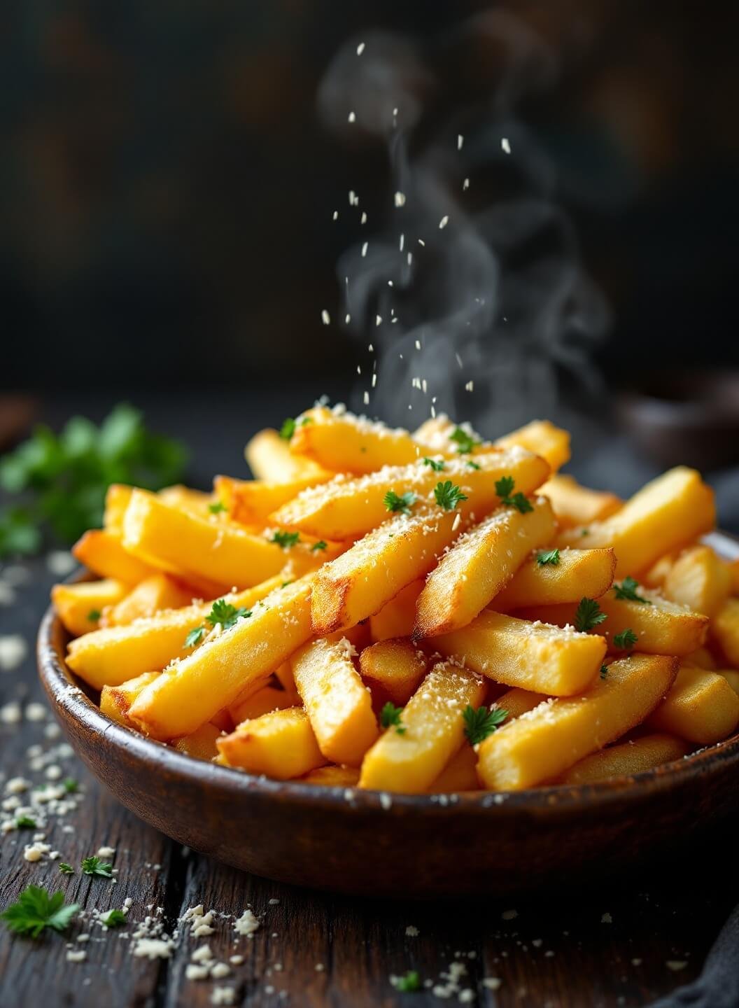 "Crispy golden-brown French fries topped with melted Parmesan, minced garlic and fresh parsley in a rustic ceramic bowl on a dark wooden table."