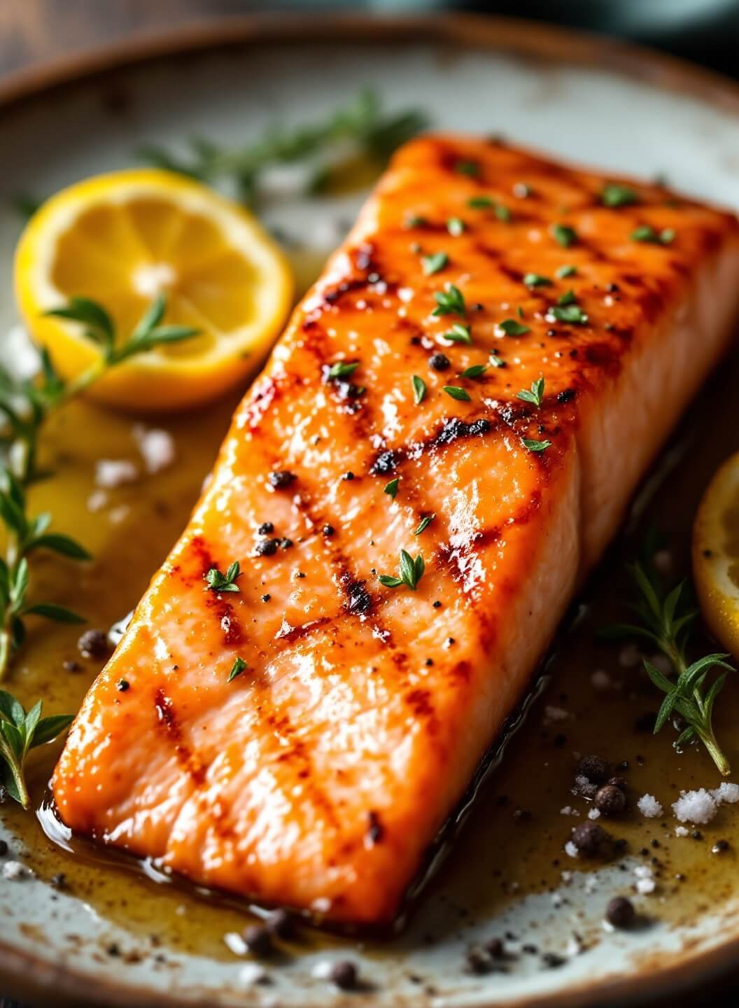 "Grilled salmon with lemon and thyme on a rustic plate"