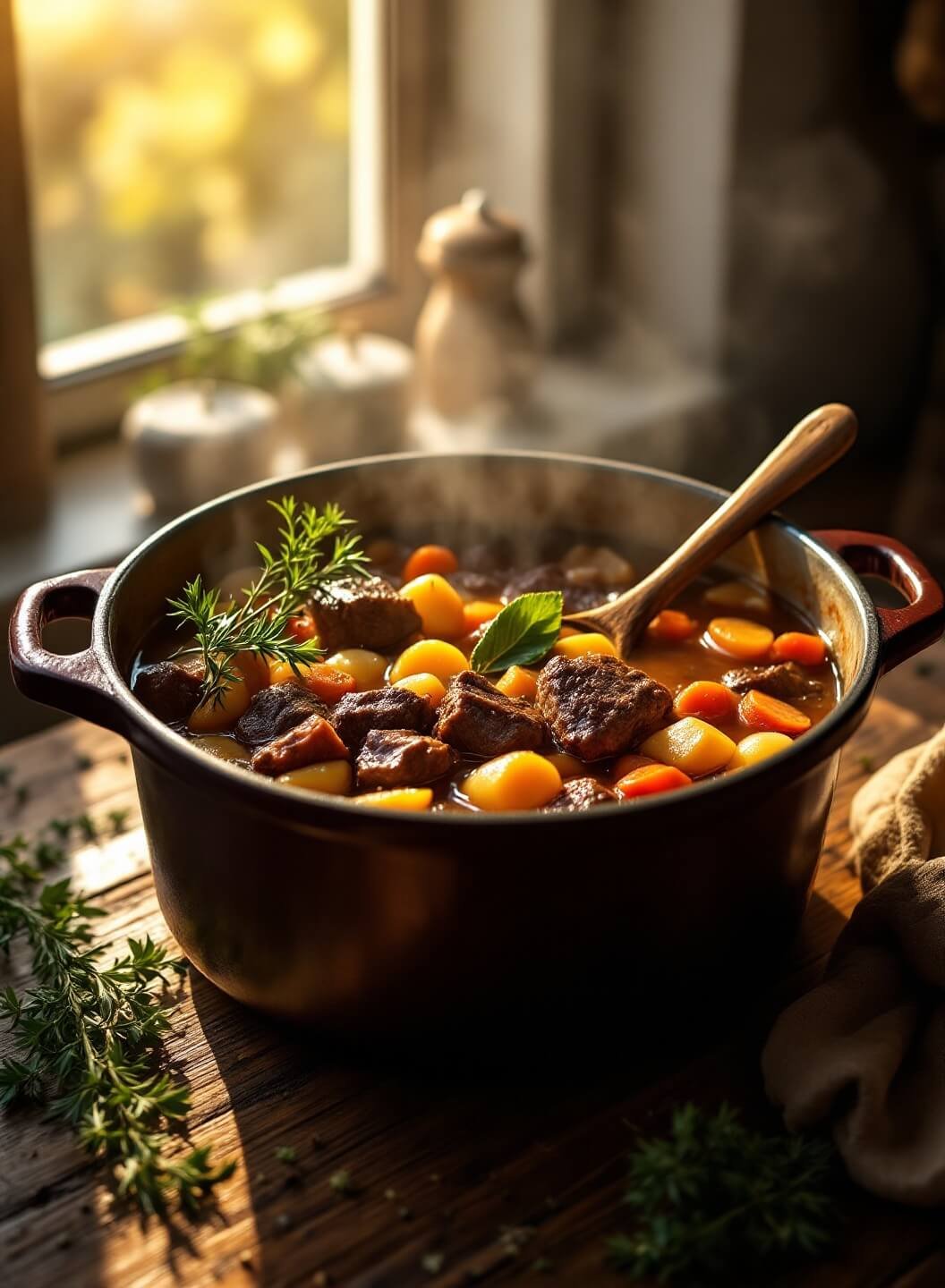 "Rustic Dutch oven with hearty beef stew in dramatic afternoon light"